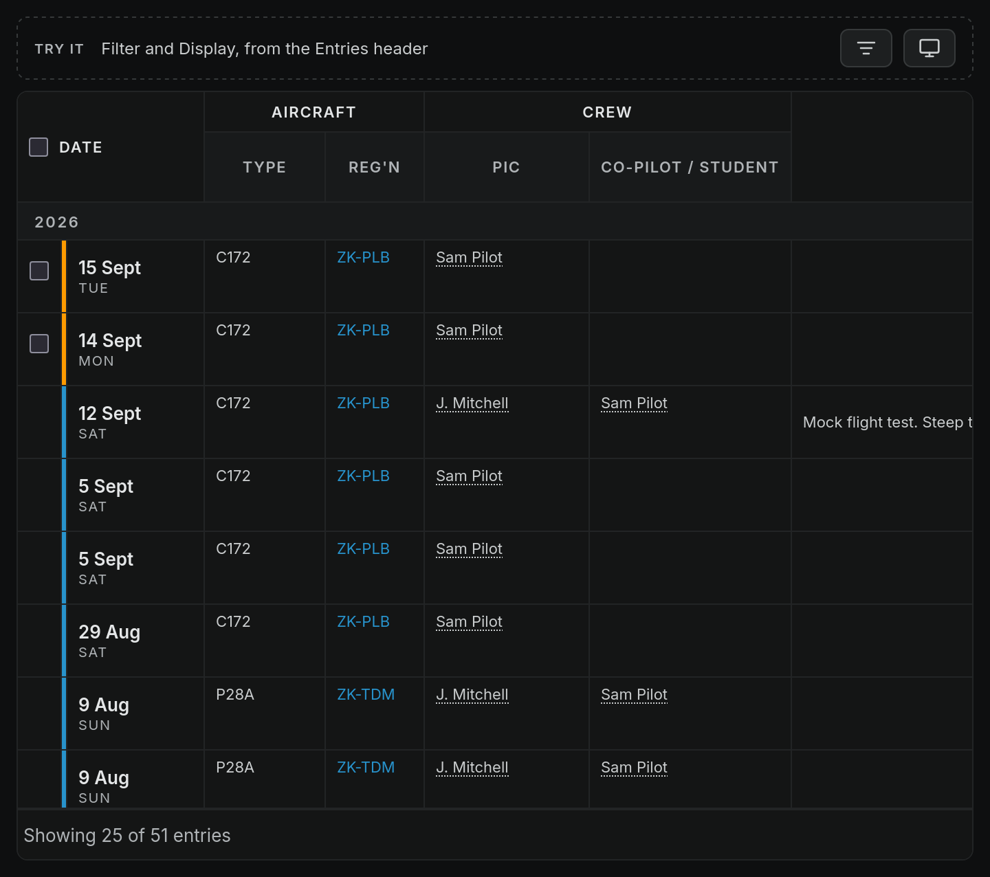 Entries, example screen