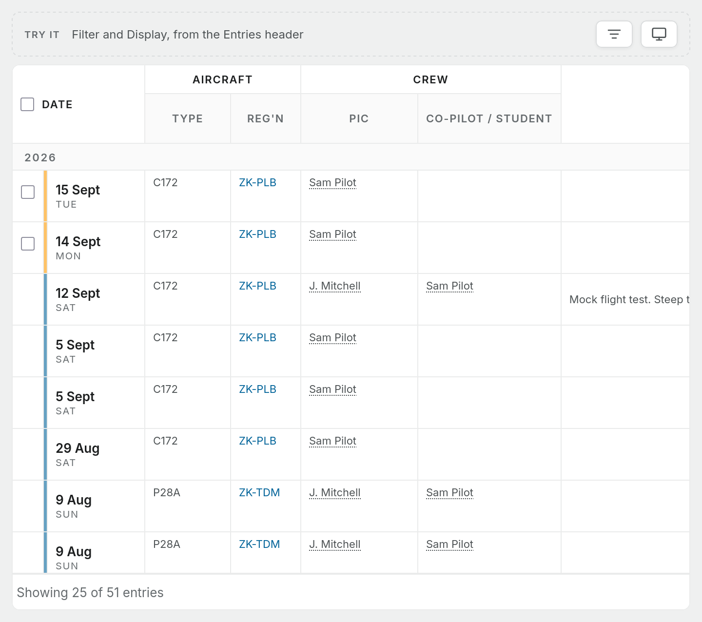 Entries, example screen