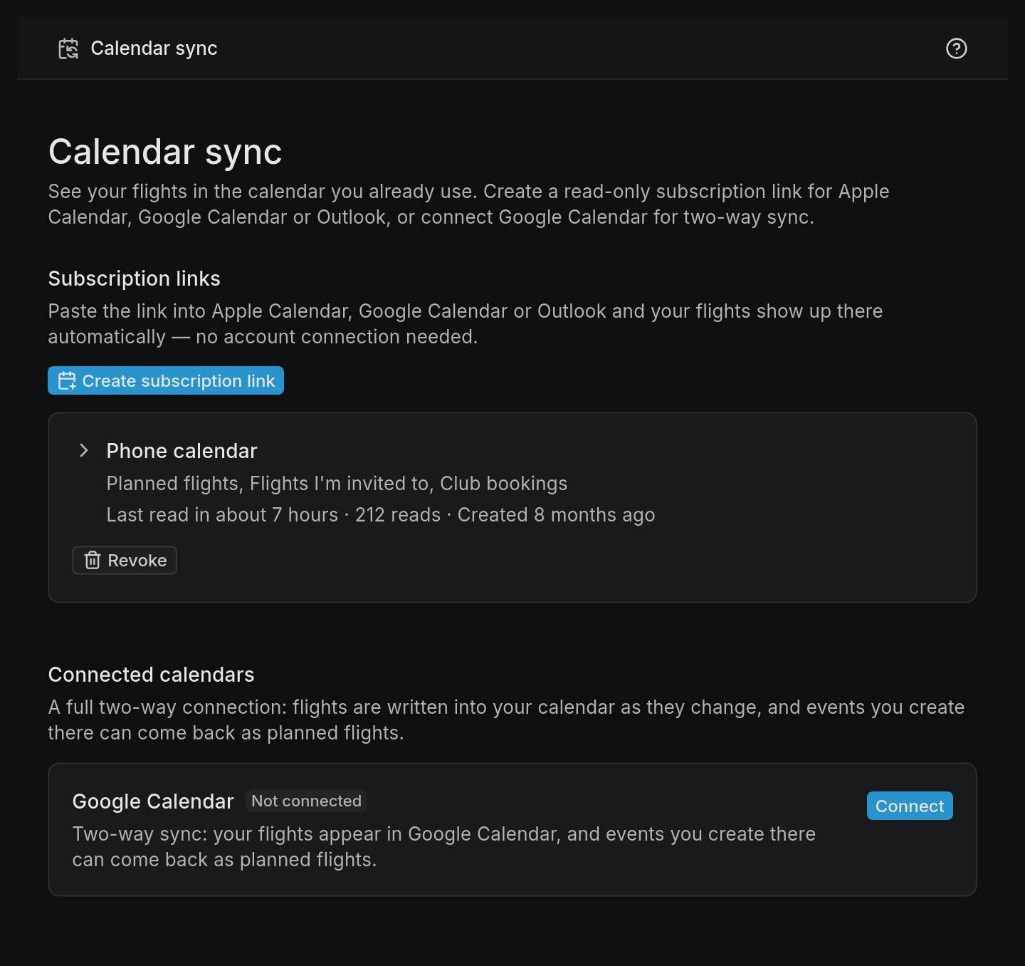 Calendar sync, example screen