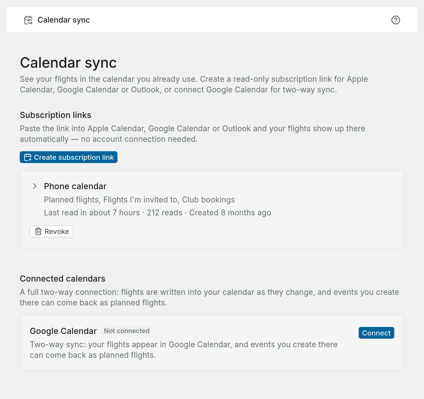 Calendar sync, example screen