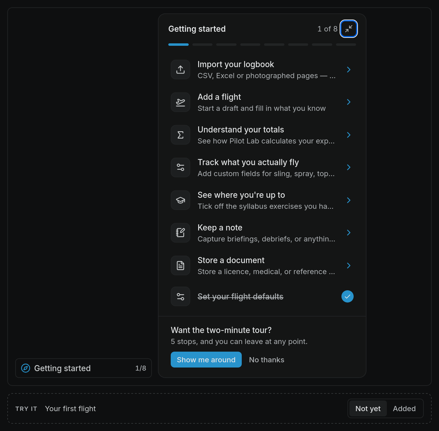 Getting started, example screen