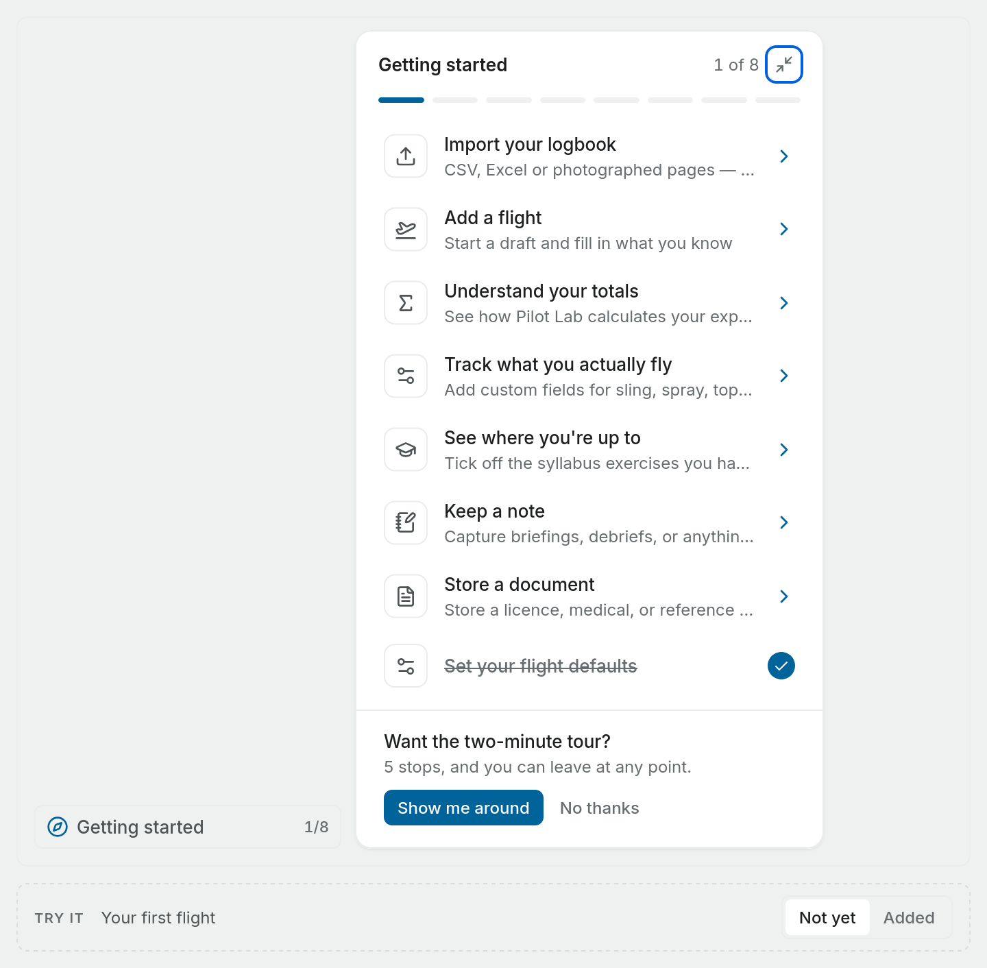 Getting started, example screen